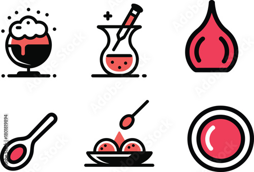 Six flat design icons of food and drink items illustration
