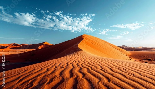 Fototapeta Naklejka Na Ścianę i Meble -  A sweeping view of a desert landscape featuring large, sculpted sand dunes with rippled textures, under a bright blue sky with wispy clouds.