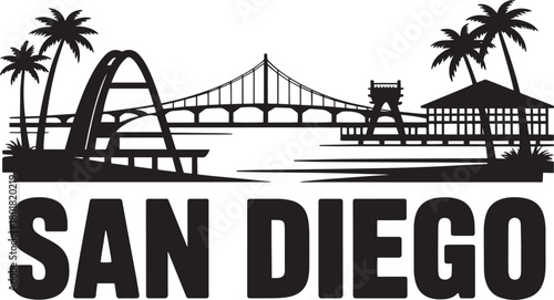 San diego california black skyline silhouette featuring harbor arched bridge palms pier and waterside gazebo vector.