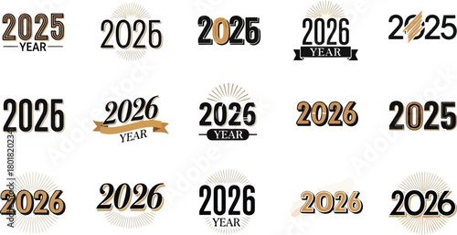 Vector illustration of collection of 2025 and 2026 year text designs isolated on