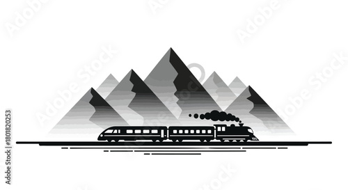 Vintage steam train travels through a dramatic mountain landscape with smoke billowing from its engine