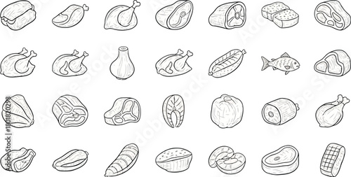 Vector illustration of collection of handdrawn meat and fish icons isolated on