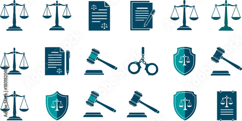 Vector illustration of collection of legal and justice icons isolated on