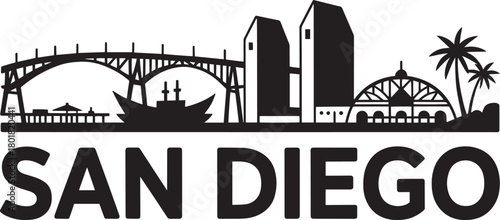 San diego california skyline silhouette with coronado bridge downtown skyscrapers and amusement park pier vector.