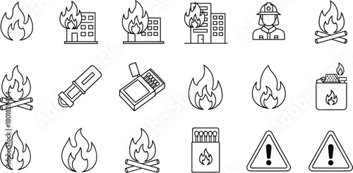 Vector illustration of fire safety icons and symbols isolated on