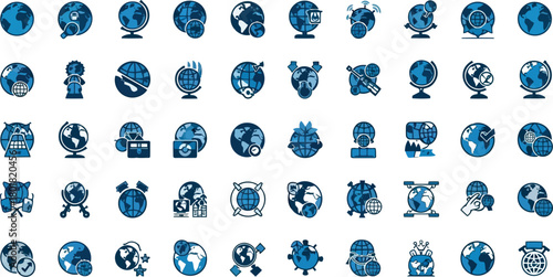 Vector illustration of collection of globe icons representing global concepts isolated on