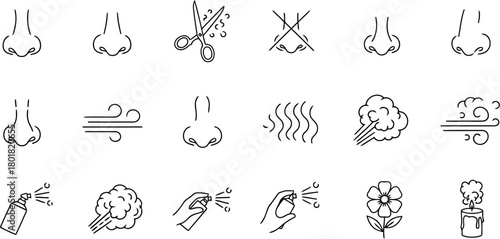 Vector illustration of nose and scent icons representing smell, fragrance, and air quality