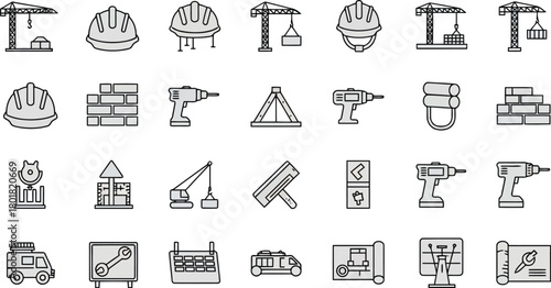 Vector illustration of construction icons for building, tools, and engineering isolated on