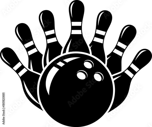 Bowling Ball and Pins Silhouette, Black and white silhouette of a bowling ball and pins