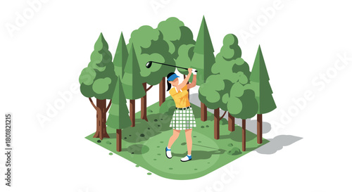 Isometric golf scene: woman swinging club in forest setting