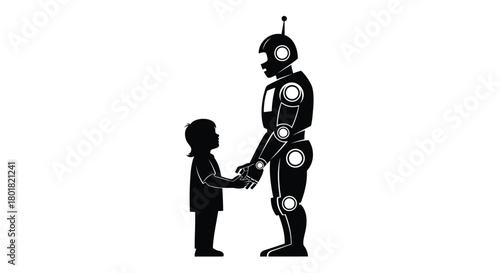 A child and a futuristic robot holding hands in a symbolic gesture of connection and future companionship