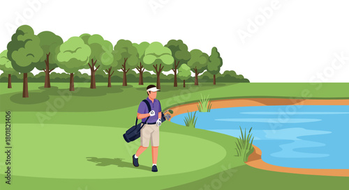 Golfer walking by pond in scenic nature landscape