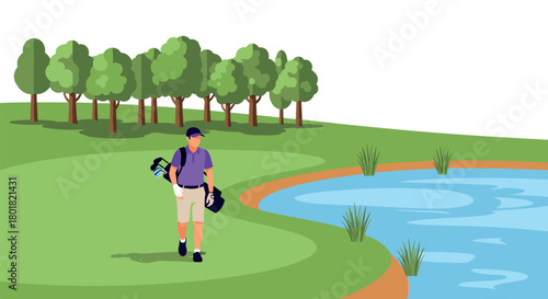 Golfer walking by lake on green golf course landscape