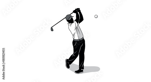 Golf player silhouette with club in action on white background