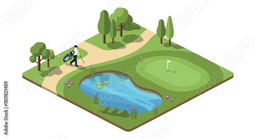 Isometric golf course with player near pond and green