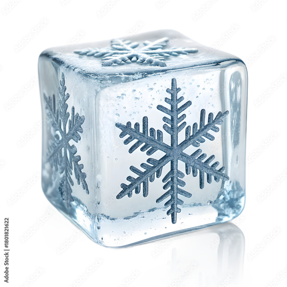 Fototapeta premium Chilled snowflake design in a transparent ice cube, promising freshness and winter magic, perfect for holiday themes and cool beverage ads
