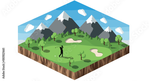 Golf course in mountainous isometric landscape with golfer silhouette