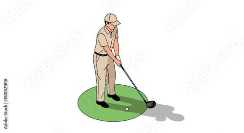 Isometric golf player in action on green circle