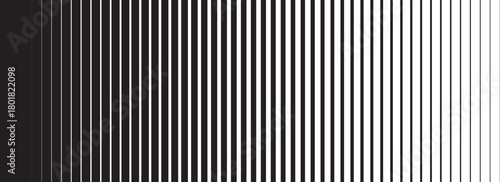 Striped halftone gradation texture. Fading vertical line gradient background. Repeating pattern backdrop. Black halftone parallel lines backdrop for overlay, print, cover, graphic design. Eps10