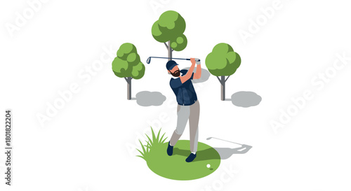 Isometric golf player swinging club on green with trees