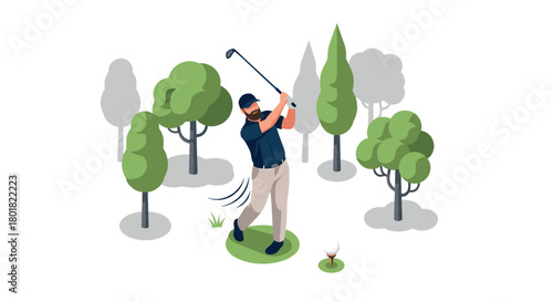 Isometric golf player swinging club in a forest setting