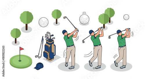 Golfer swinging in isometric style with golf clubs and trees on course