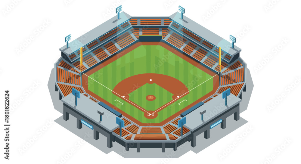 Fototapeta premium Isometric design of baseball stadium with green field and seating