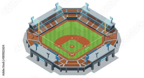 Isometric design of baseball stadium with green field and seating