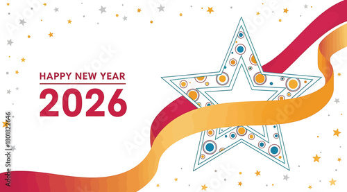 Happy new year 2026 greeting with a stylized star and flowing ribbons, isolated on a, celebrating the upcoming year with festive elements and a sense of joy and anticipation for the future