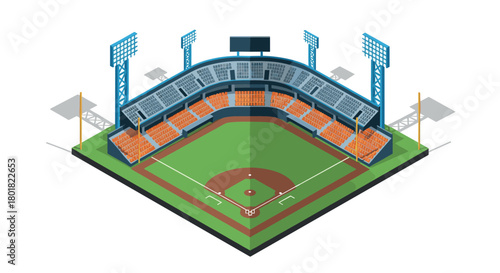 Isometric baseball stadium with empty seats and field in geometric design