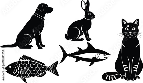 Black and white animal silhouettes vector graphic dog cat fish rabbit eps