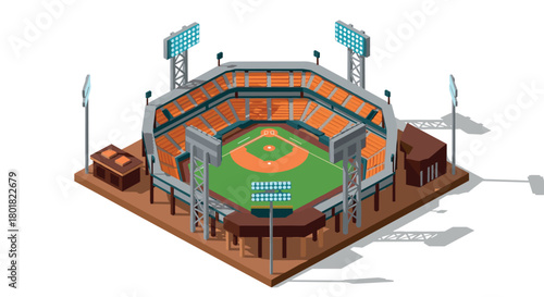 Isometric baseball stadium with seating and floodlights on white background