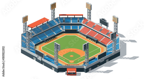 Isometric baseball stadium with colorful seating and floodlights