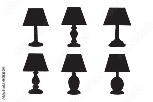 Six Black Silhouette Table Lamps on White Background