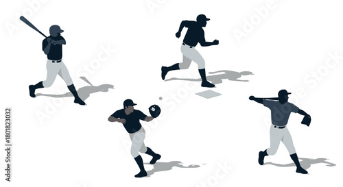 Dynamic baseball players in isometric style performing various actions