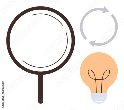 Magnifying glass, lightbulb, and circular arrows represent discovery, ideas, and progress. Ideal for research, innovation, problem-solving brainstorming analysis creativity growth. Simple flat