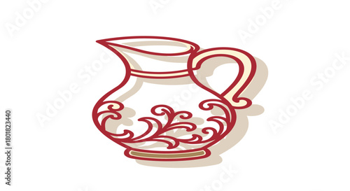 Vintage red pitcher with floral design in delicate outline style