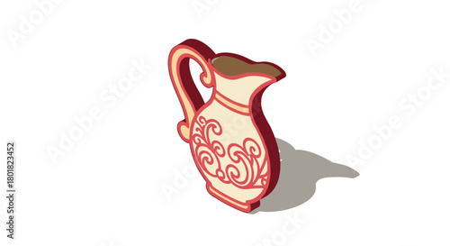Decorative ornate pitcher with floral pattern in isometric style on white background