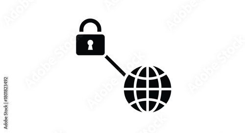 Digital security and protection concept with a padlock icon connected to a stylized globe