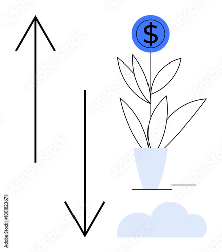 Blue coin on a leafy plant, upward and downward arrows, and cloud. Ideal for financial growth, investment, economy trends, business analysis, prosperity, risk simple flat metaphor