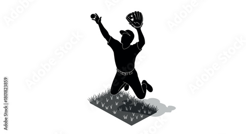 Silhouette of baseball player catching ball on grass