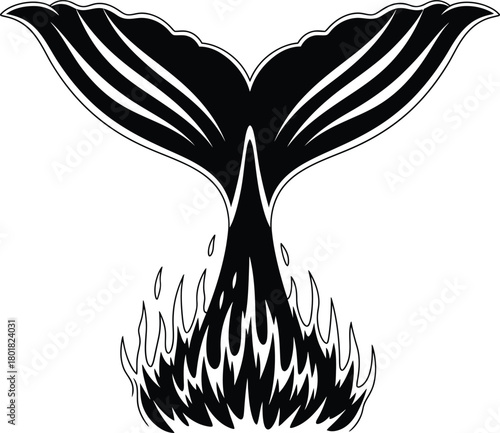 Whale tail on fire vector illustration marine life ocean sea drawing eps silhouette