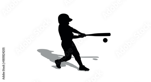 Kid baseball player silhouette with bat and ball in action