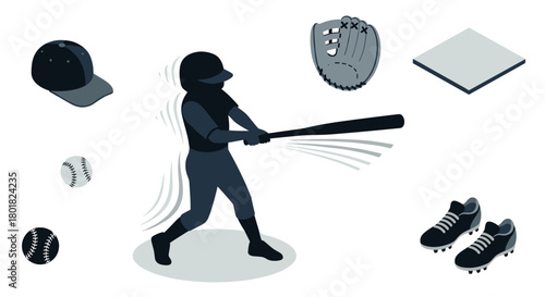 Baseball equipment and player in action - isometric design