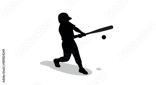 Silhouette of a baseball player batting with shadow on a white background