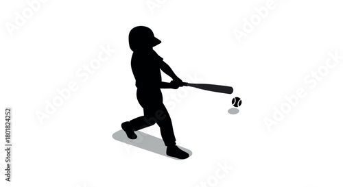 Dynamic silhouette of baseball player swinging bat with flying ball