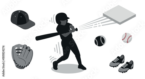 Silhouette of baseball player hitting home run with equipment in motion