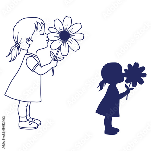 Little girl smelling a flower line art and silhouette vector illustration cute child enjoying nature and simple design concept