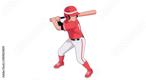 Baseball player in batting pose with red uniform and helmet in flat design