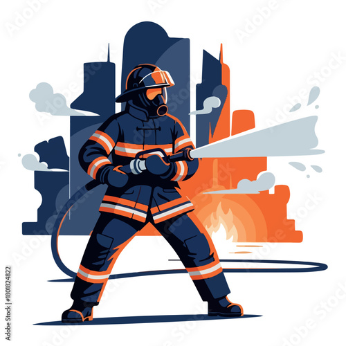 Illustration of a firefighter in full gear spraying water with a cityscape and flames in the background, conveying a sense of urgency and action.